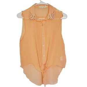 1053 * Dream Out Loud Sheer Studded Collar Top Orange Size XL
